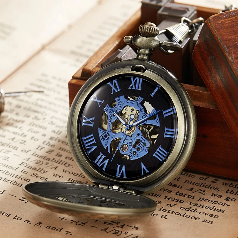 Luxury Butterfly Stainless Steel Men Vintage Pocket Watch Skeleton Dial Hand Wind Mechanical Male Fob Chain Pendant Clock Watch
