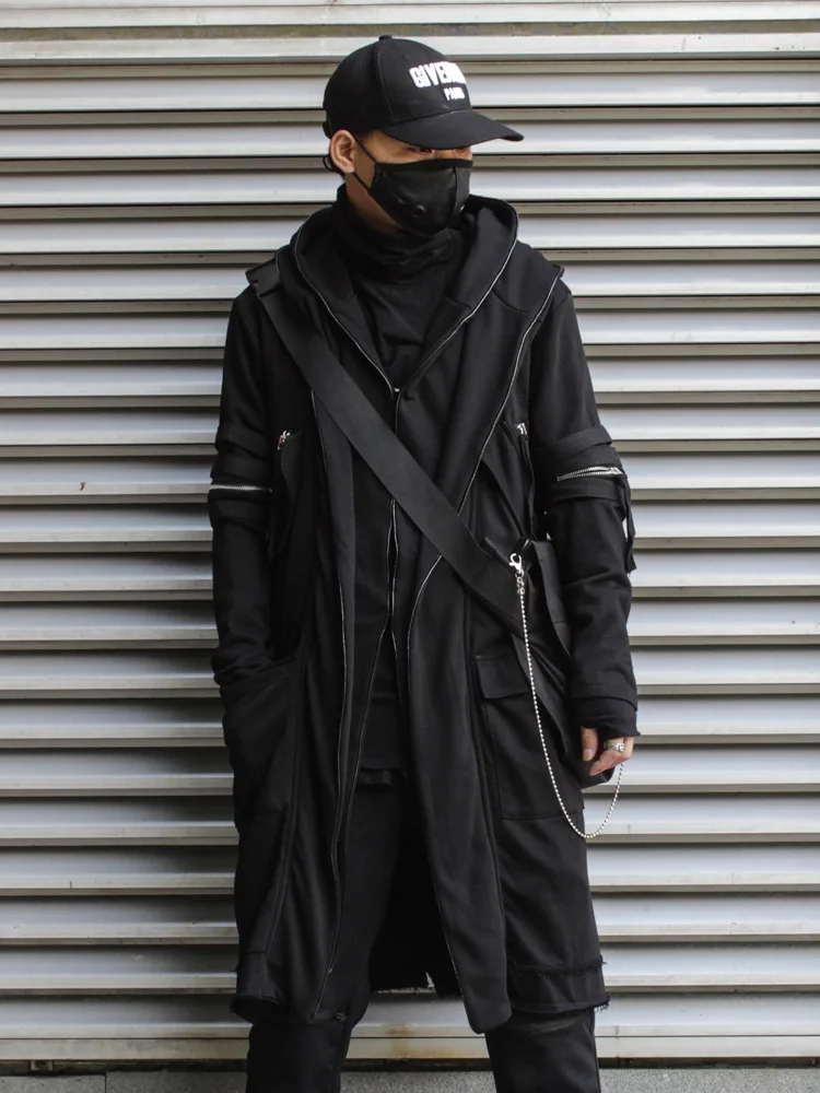 Winter Fake Two Piece Patchwork Punk Hip Hop Trench Coat Long Hooded Cloak Men Techwear Style Gothic Vintage Long Jacket