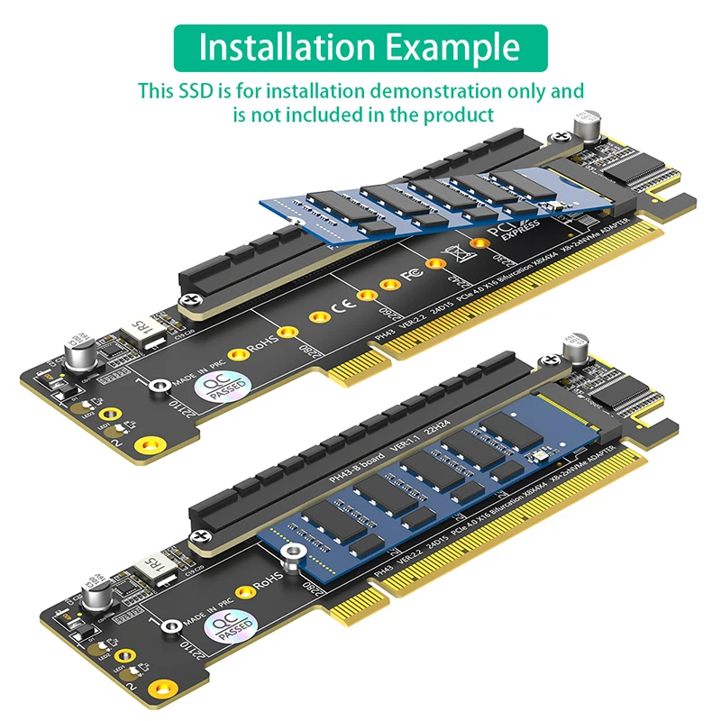 PCIe X16 - X8+X4+X4 분배기 카드 어댑터 PCIE4.0 M.2 PCIE 어댑터 M.2 NVMEx2 입력 포트는 2280/2260/2242/2230 NVME SSD를 지원합니다.