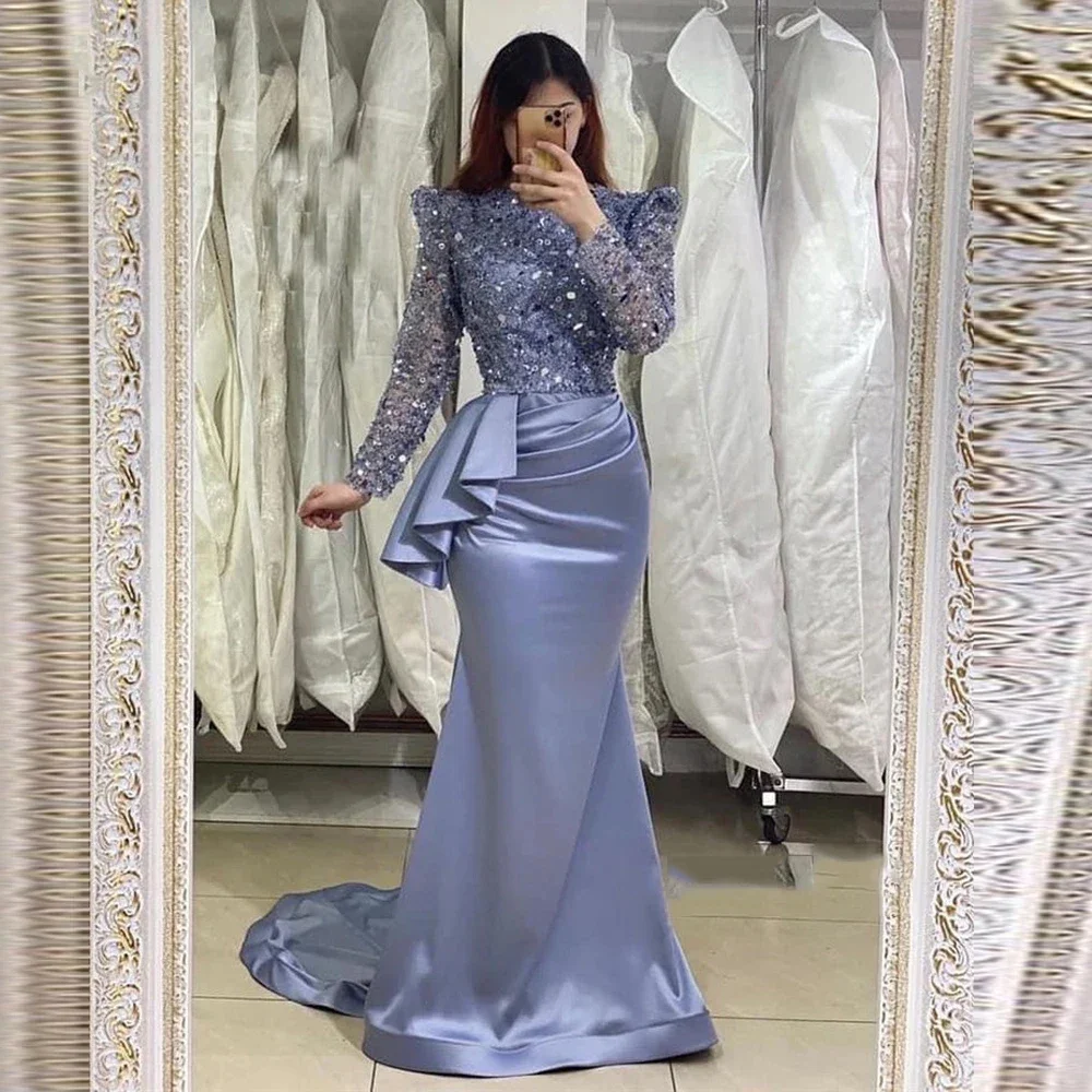 

Flavinke Dusty Blue Satin Mermaid Evening Dresses Glitter Sequin Long Sleeves High Neck Arabic Women Formal Prom Gowns فساتين