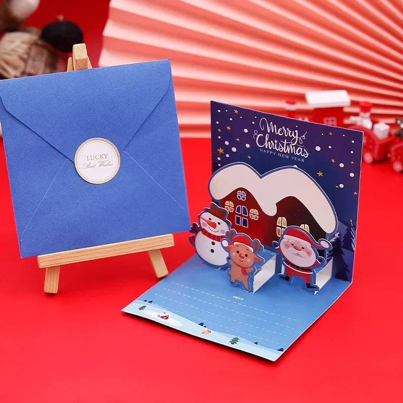 Merry Christmas Three-dimensional Greeting Cards with Envelope Santa Claus Snowman Laser Cut Xmas Happy New Year Greeting Cards