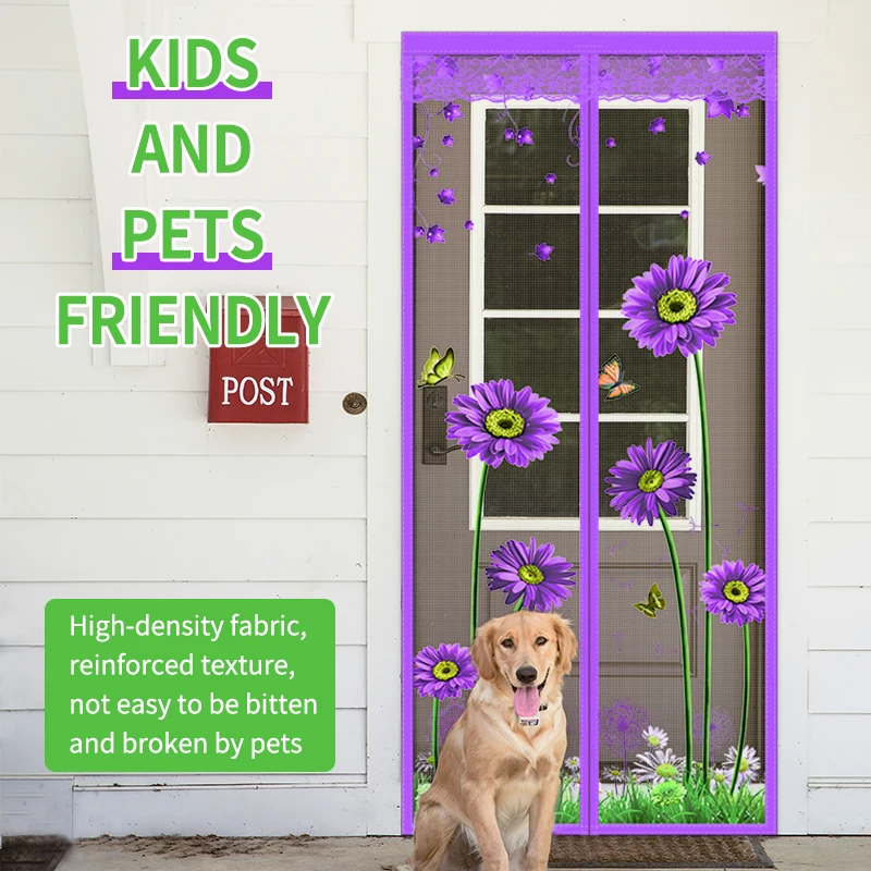 Silent mosquito proof door curtain with purple lotus chrysanthemum mesh magnetic suction self adhesive partition