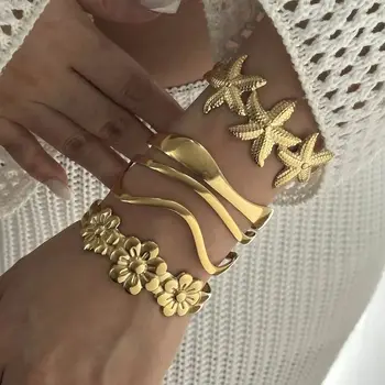 Trendy Starfish Stainless Steel Open Bracelet for Women Luxury Gold Color Ocean Wave Flower Cuff Bangle Beach Party Jewelry Gift