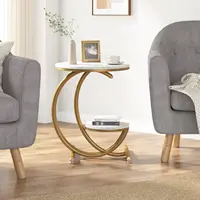 Table d'appoint, table d'appoint en faux marbre avec étagère de rangement à 2 niveaux, table d'appoint carrée moderne pour salon, chambre à coucher 1