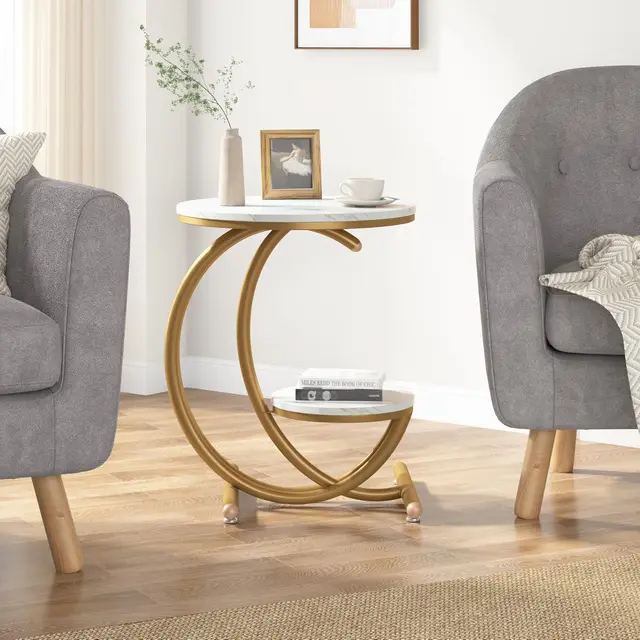 Table d'appoint, table d'appoint en faux marbre avec étagère de rangement à 2 niveaux, table d'appoint carrée moderne pour salon, chambre à coucher 1