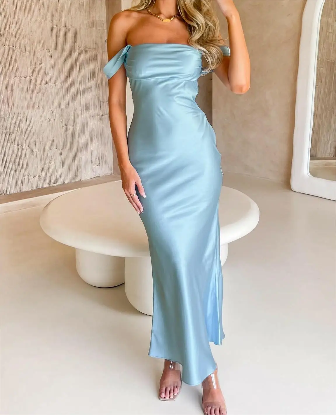 

New Fashion Womens Summer Long Skinny Bandeau Dress Blue Short Sleeve Backless Off Shoulder Dress Club Street Style S M L