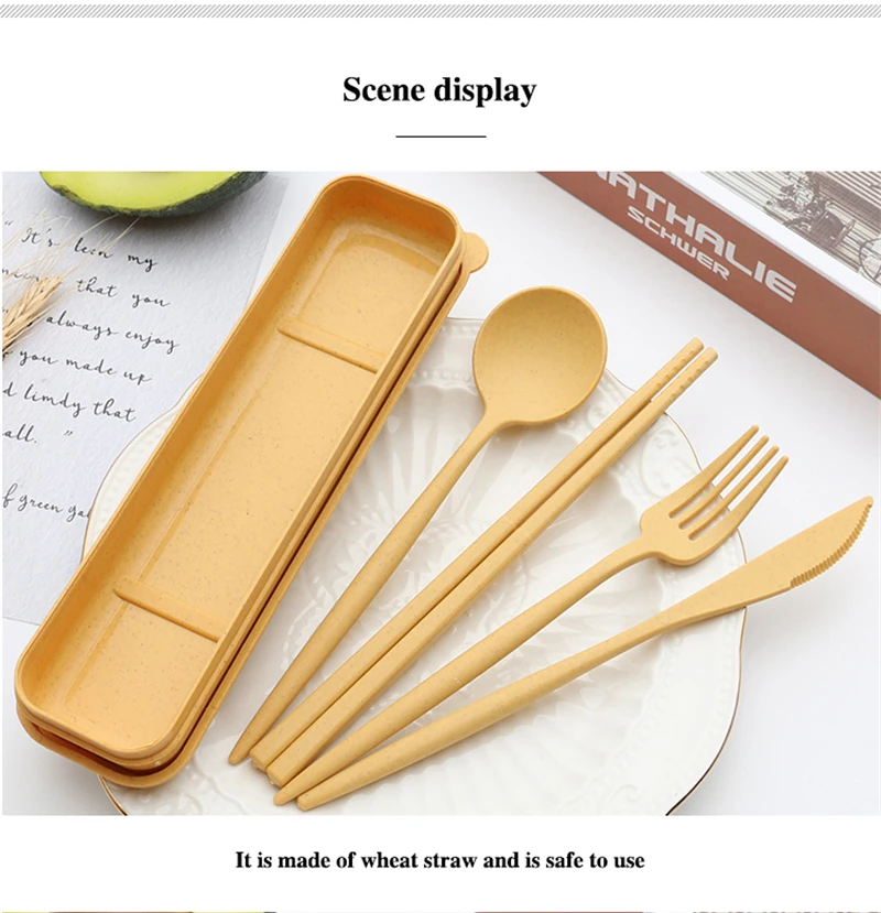 Wheat Straw Portable Tableware Picnic Set Eco Friendly Camping Cutlery With Case Fork Spoon Camping Tableware Picnic Cutlery Set