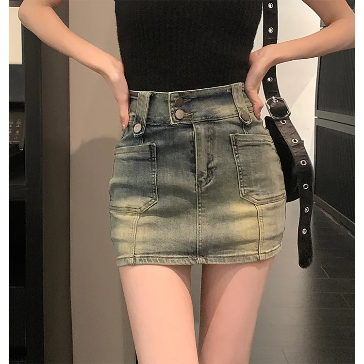 

Hot girl high-waisted retro stretch denim skirt women's anti-exposure culottes slimming small butt-covering skirt