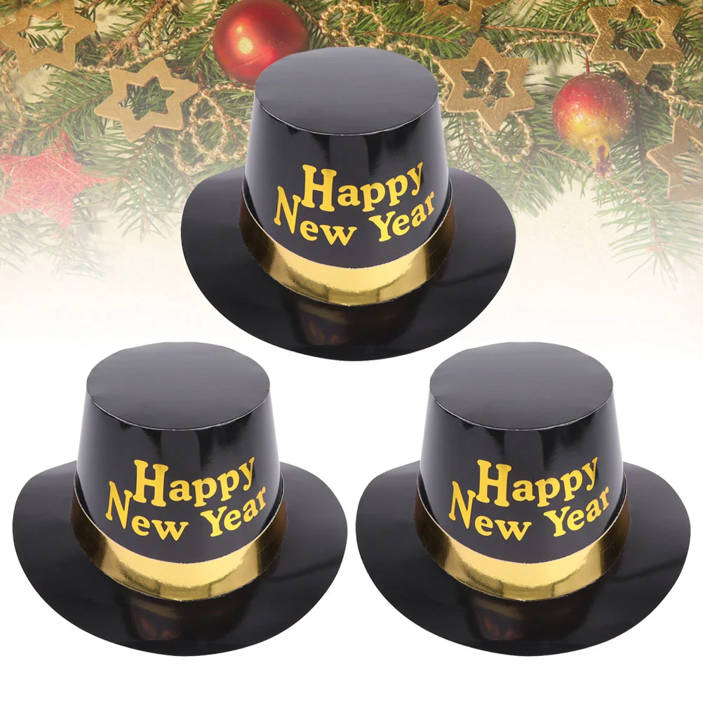

3 Pcs New Year Tophat Party Favors Hats Black Headband Gold Decor Paper Cap Make up