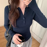 Plus Size Women's Long Sleeve Knitted Base Shirt Half Open Collar Slim Fit Waist Cinching Slimming Inner Wear Top