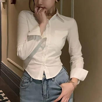 Korean White Office Women Chiffon Shirt Pocket Button Lapel Ladies Blouse Spring Commuter Long Sleeve New Female Crop Tops 1