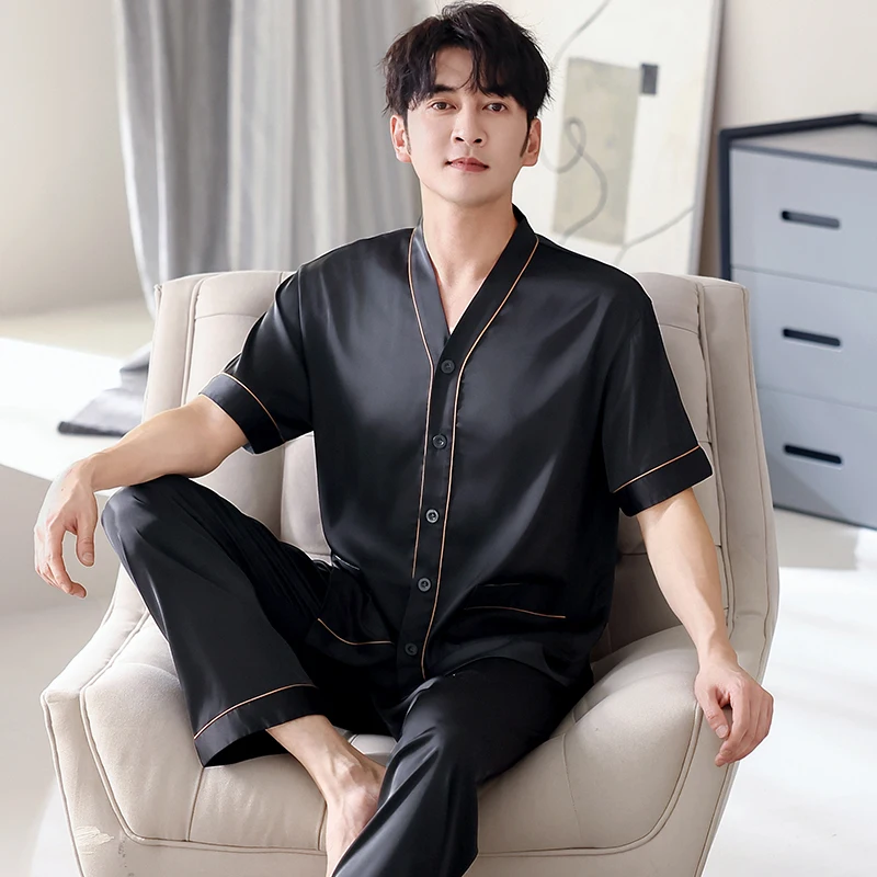 Silk satin men's short sleeved long pants pajamas set v neck cardigan men's pajamas for casual wear 2pcs/set pijamas hombre 4XL