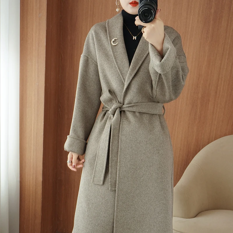 2023Autumn And Winter New Double Sided Woolen Coat Women's V-Neck 100% Pure Wool Long Loose Solid Color Chest Pin Belt Wool Coat 50pcs rigid pvc card holder set plastic double sided transparent card cover student card set chest card id holder