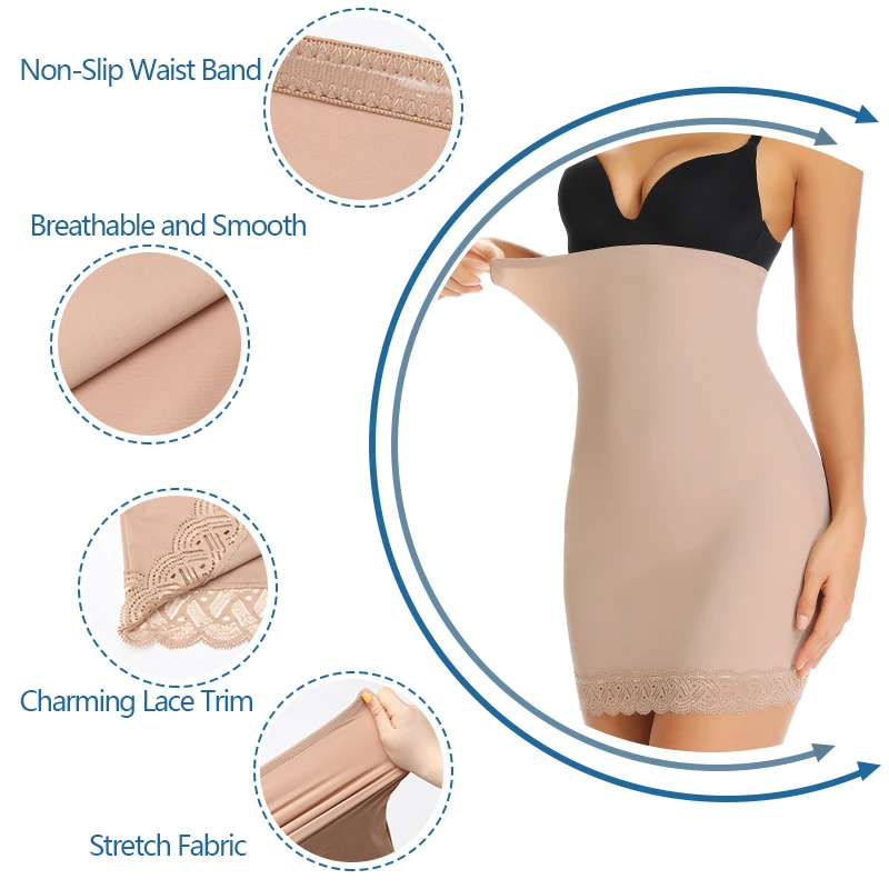 Tummy Control Slips Women Seamless Slimming Underwear High Waist Lace Skirts Shapewear Smooth Body Shaper Underdress Fajas Nude