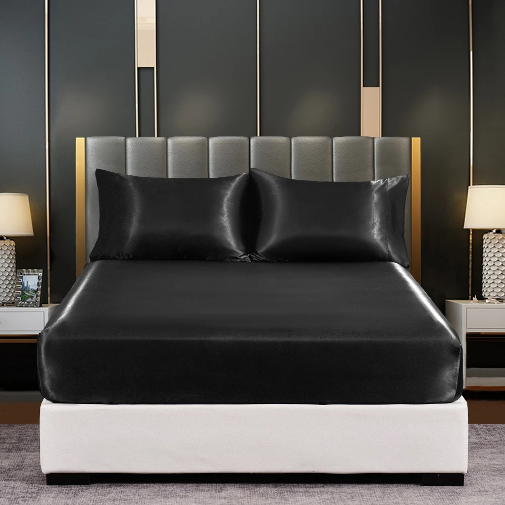 CARA CARLE Silk Satin Fitted Bed Sheet with Elastic Band Luxury Adjustable Mattress Cover for Single Couple Double Bed 3