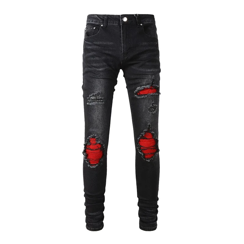 

New Arrival Fashion Holes Red Flannelette Patched Men's Jeans High Street Jeans For Men Personality Slim Ripped Denim Pants 885