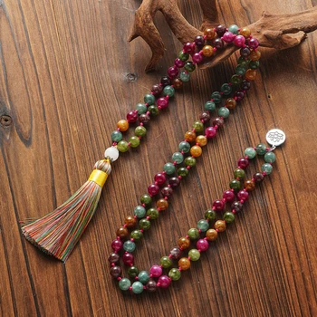 Colorful Tourmaline Beads Necklace for Men and Women, 108 Mala Beads, Meditation Prayer Jewelry, Japamala Rosary, 8mm 1