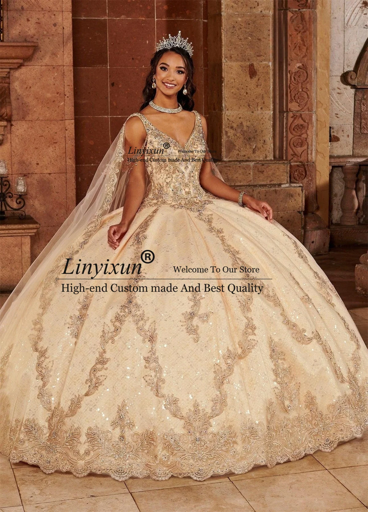 V Neck Cape Sequins Quinceanera Dresses Lace Appliques Princess Ball Gown Sweet 16 Dress Lace-Up Court Train Vestidos De 15 años