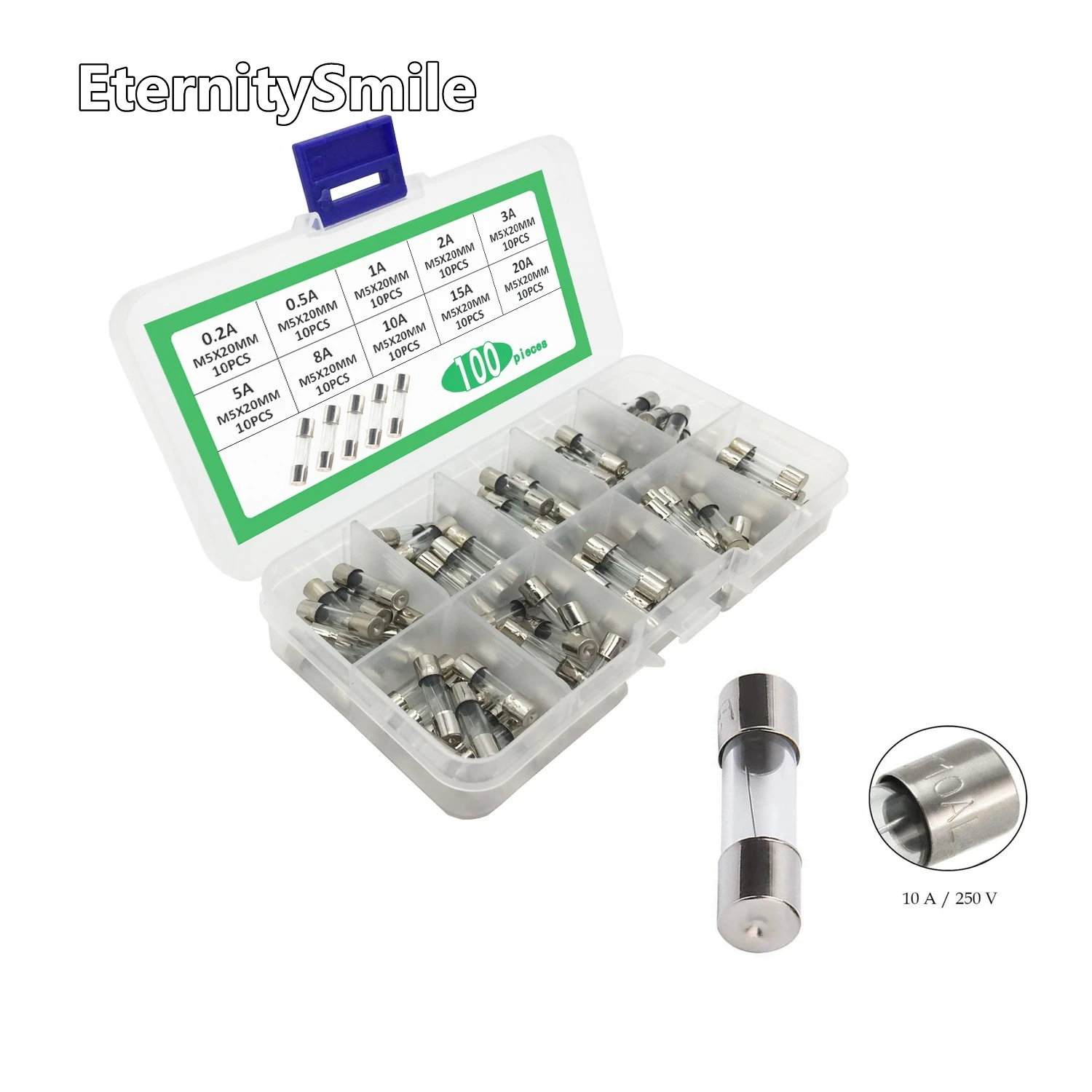 100Pcs/Set Quick Blow Glass Tube Fuse Assorted Kits 10Values 5x20mm Fast-blow Glass Fuses 0.2A 0.5A 1A 2A 3A 5A 8A 10A 15A 20A