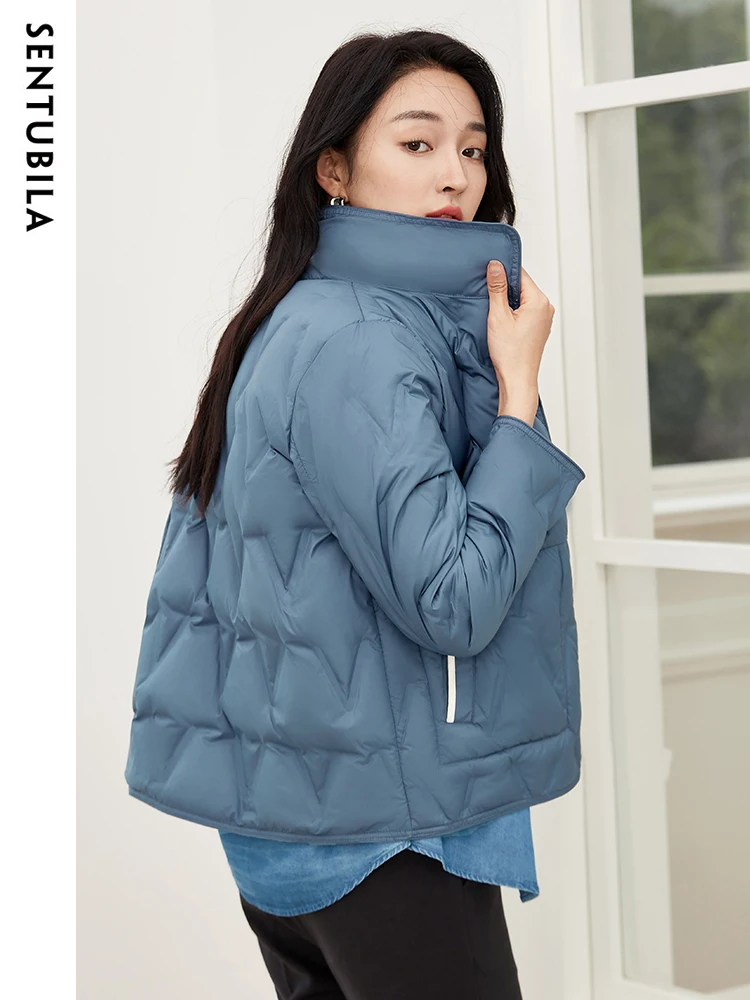 SENTUBILA Women's 90% White Duck Crop Down Jacket 2023 Winter Elegant Stand Collar Down Coat Reversible Wear Outwear W34Y49563