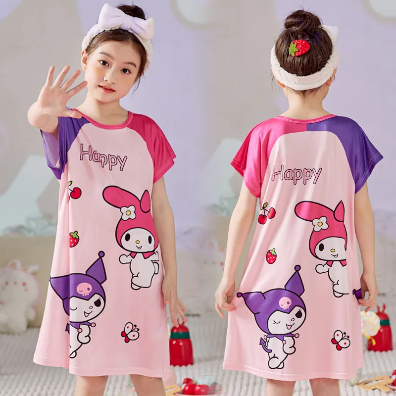 Cute Sanrio Kid Nightdress Girls Pajamas Kuromi Cinnamoroll Short Sleeve Dress Anime Cartoon Children Summer Home Dress Gift