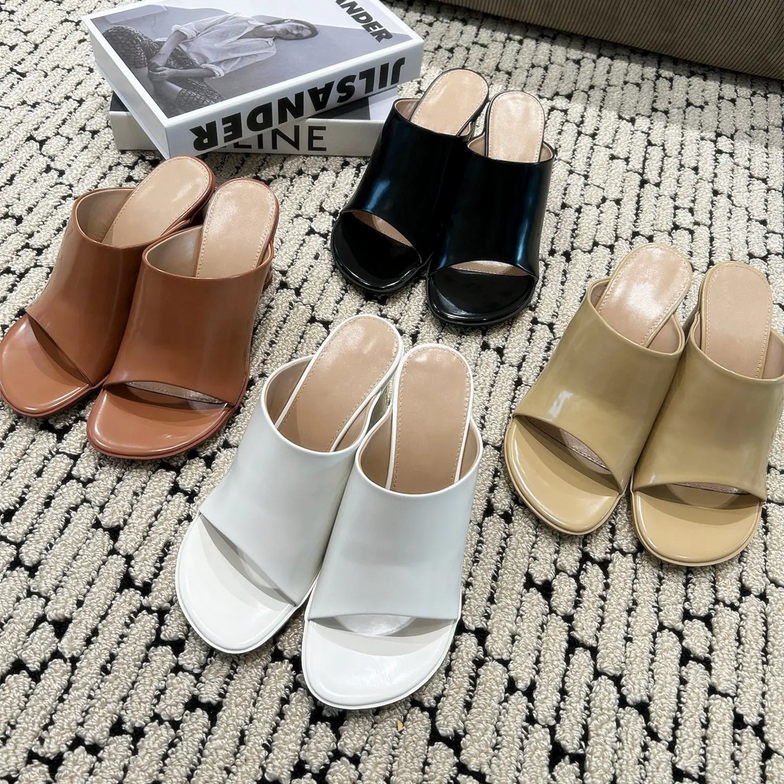

Casual Designer Fashion Women Sexy Lady Black Calf Peep Toe Slip On High Heels Sandals Muler SLIPPERS Loafer Party Shoes