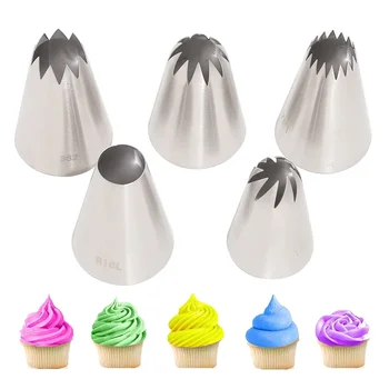 1/5pcs Extra Large Piping Nozzles Set, Stainless Steel Icing Nozzles, Cream Cake Piping Tips For Dessert Biscuit Cup Cake Tools 1