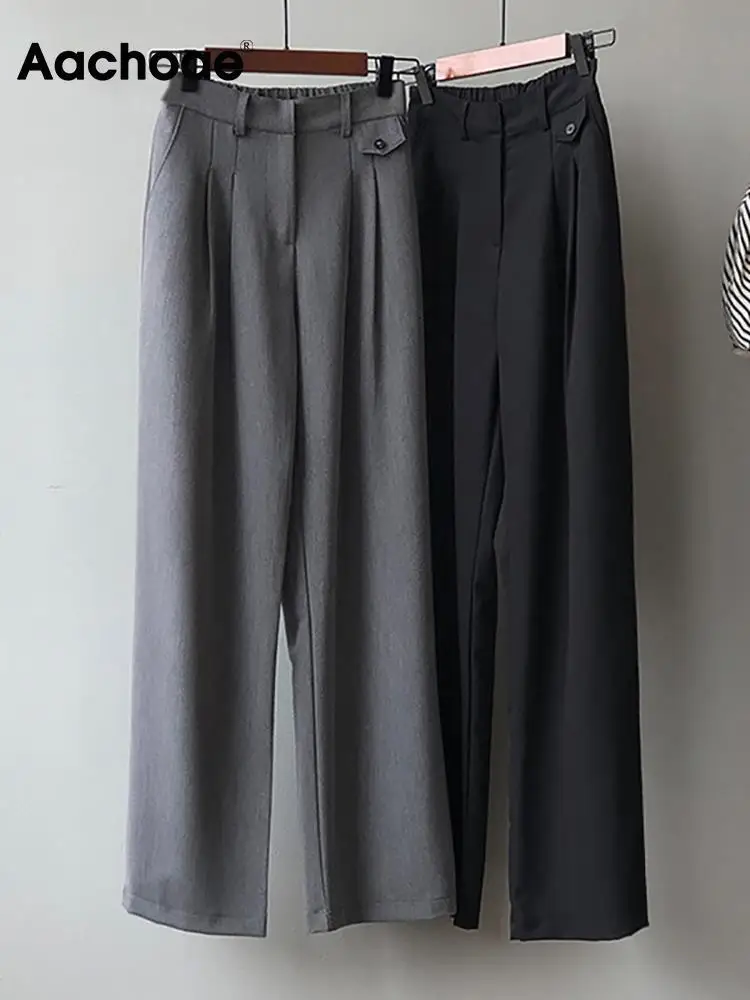 

Aachoae Solid Color Women Office Wear Wide Leg Pants High Waist Long Pleated Trousers Female Casual Loose Straight Pants