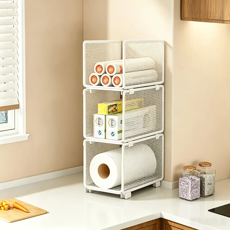 Cestini Impilabili per Organizzazione Cucina, Porta Rotoli di Carta, Pellicola Alimentare e Barattoli di Spezie, Scaffali per Armadietti Domestici - immagine 2
