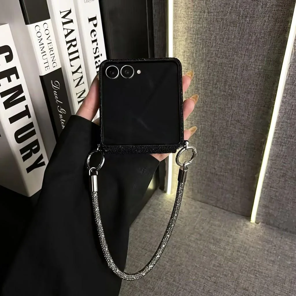 Luxury Black Glitter Lace Flowers Pattern Phone Case with Mesh Flash Rope