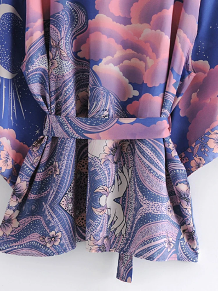 Boho 빈티지 스타와 달 꽃 프린트 새시 여성 보헤미안 V 넥 Batwing 슬리브 Happie 짧은 가운 기모노 드레스 커버 업