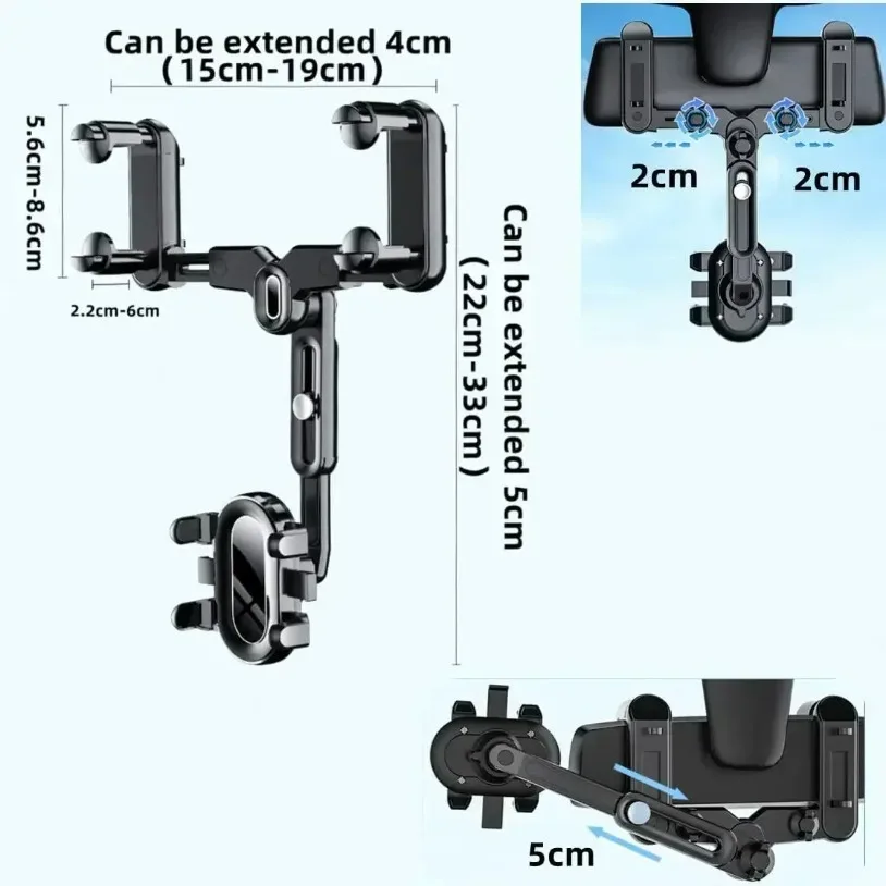 360° Adjustable Car Rearview Mirror Mobile Phone Holder For Car Rotation Telescopic Multifunctional Phone Car Bracket Stands