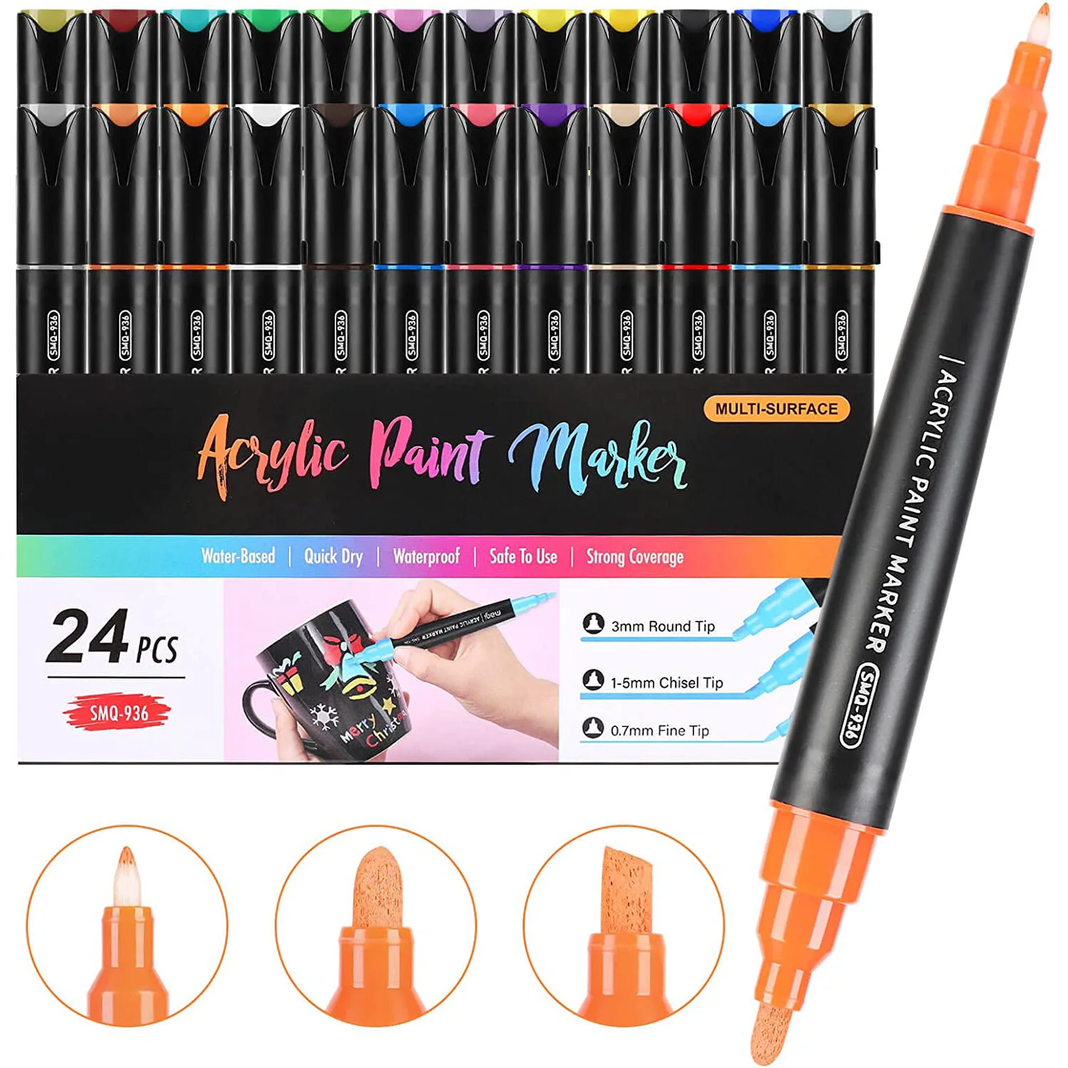 

Acrylic Paint Pens 24 Colors Acrylic Paint Markers Pens with Fine Tip Medium Tip(0.7mm-5mm), Art Marker for DIY Craft Making