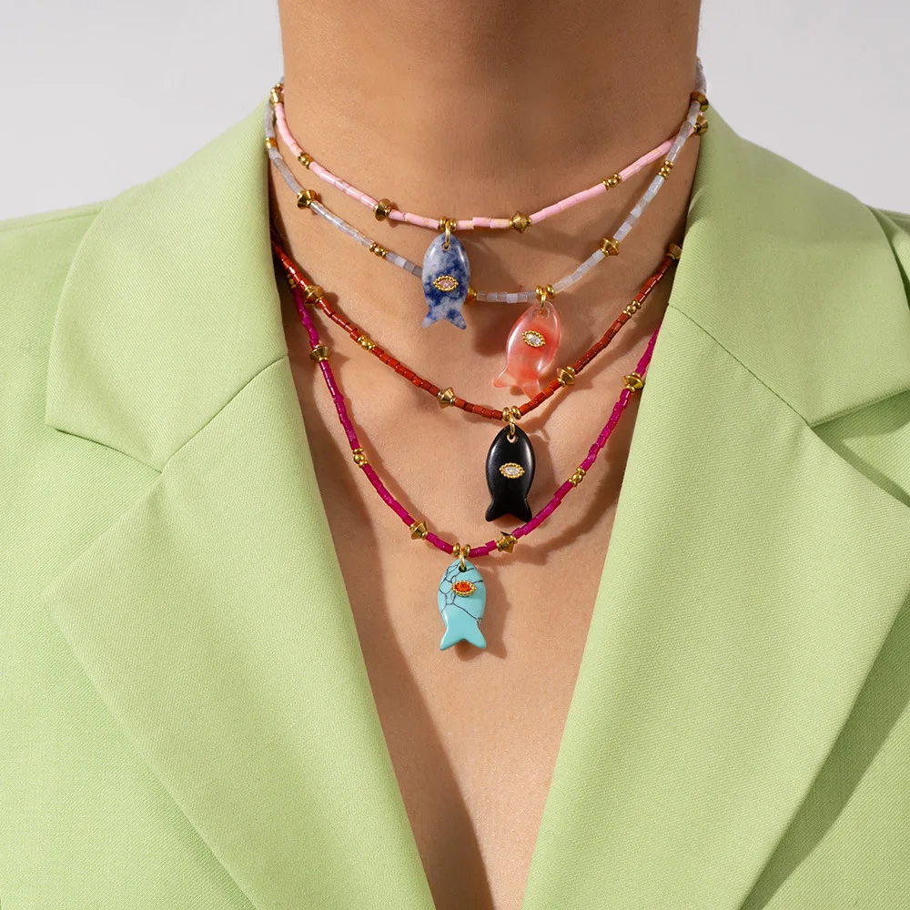 Handmade Natural Stone Fish Shape Pendant Beads Colour Short Neckalce Cute Opal Zircon Eye Neckalce Summer Collar Jewelry Gifts