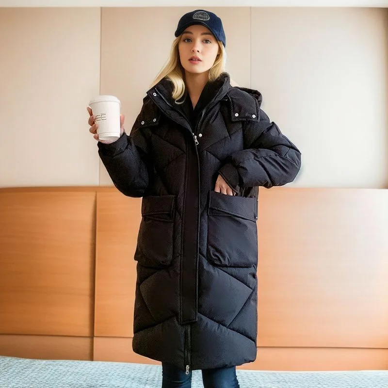 

Autumn Winter Women Coat Hooded Over-the-knee Puffer Jacket Windproof Windbreaker Long Sleeves Pockets Zipper Thick Warm Jacket