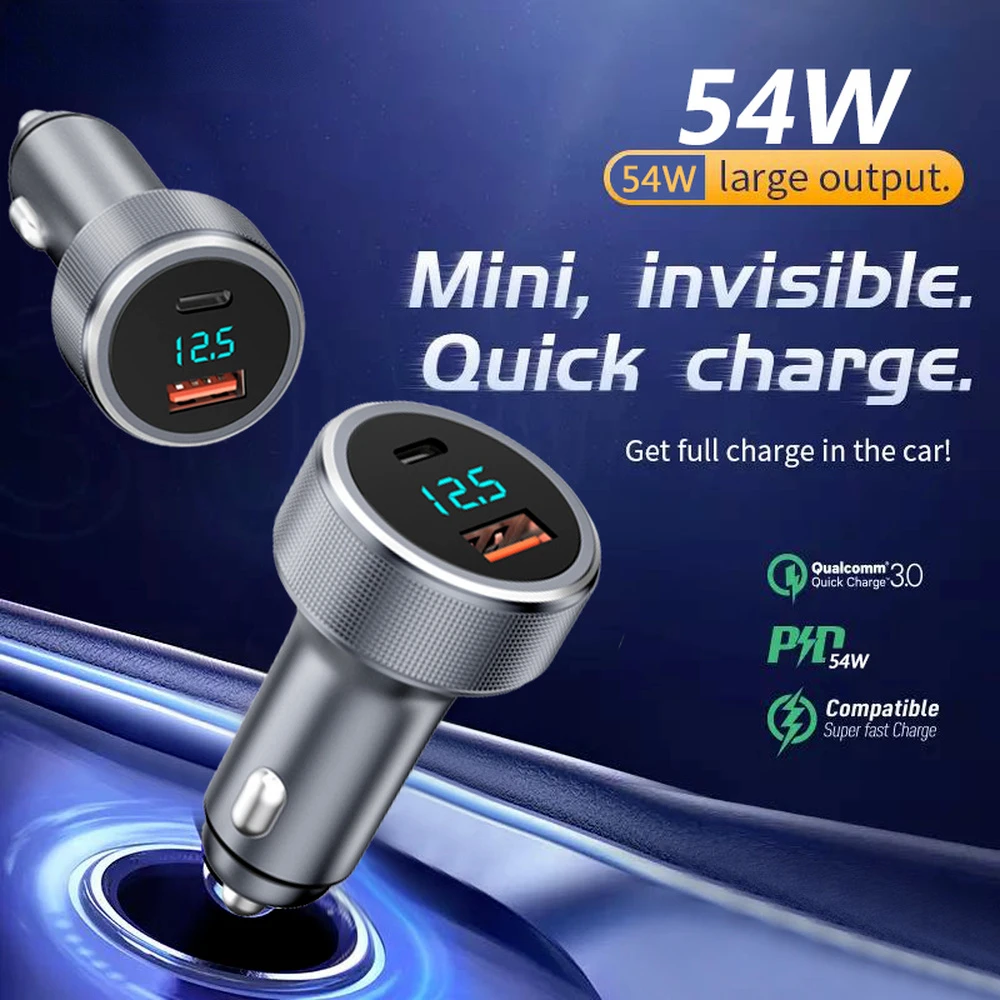 

54W USB C Car Charger QC 3.0 3A Type C PD Fast Charging Car Phone Charger For iPhone 13 12 Pro Max Samsung S20 S21 S10 S9 Xiaomi