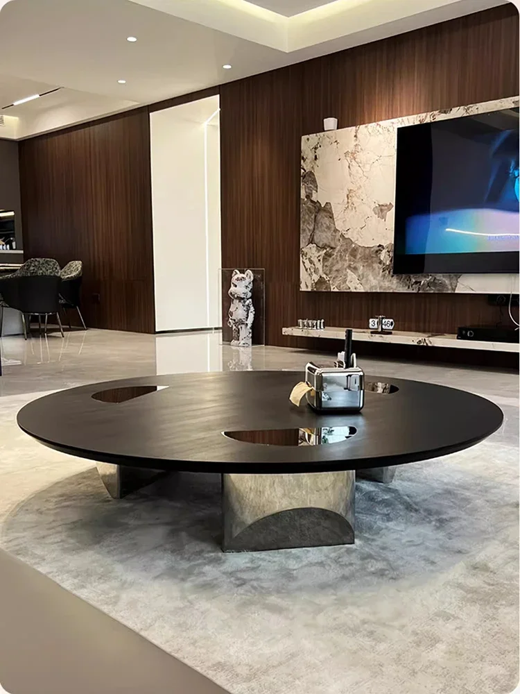 Minimalist Solid Wood Round Coffee Table Modern Simple Living Room Home Design Suspended Stainless Steel Small Apartment
