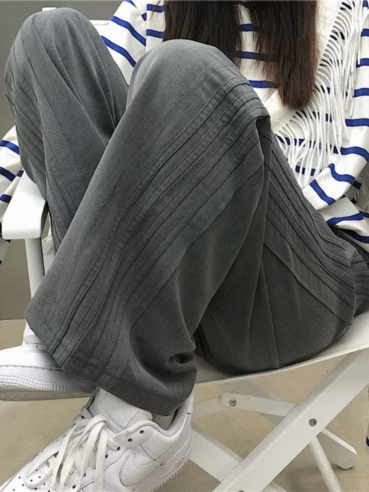 

QWEEK Harajuku Striped Gray Joggers Sweatpants Women Hip Hop Streetwear Black Wide Leg Pants Oversized Basic Jogging Trousers