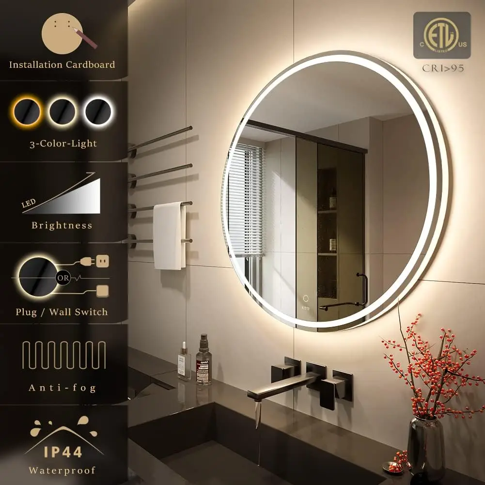 LED Round Bathroom Vanity Mirror, Color Temperature Adjustable, Anti-Fog