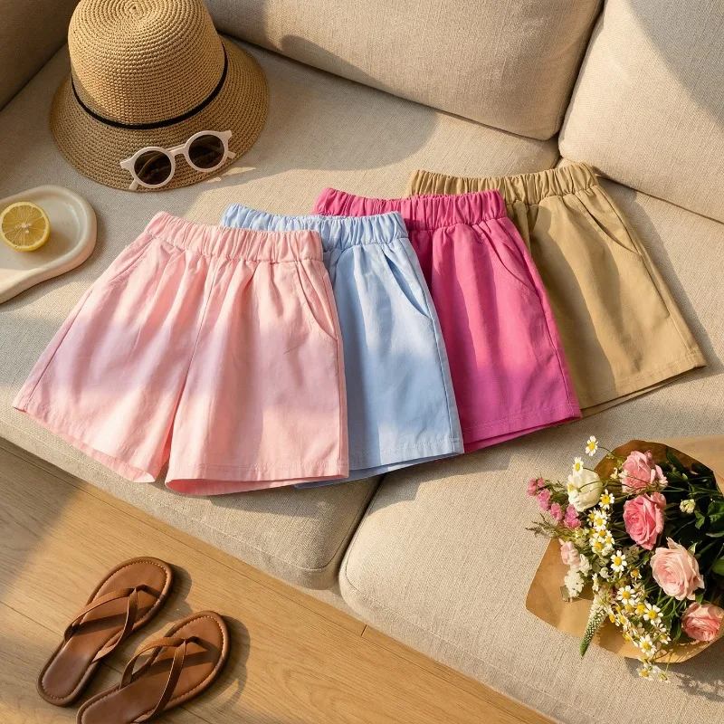 Bellbell 여름 어린이 소녀 반바지 모슬린 캔디 컬러 소녀 반바지 얇은 솔리드 캐주얼 어린이 소녀 반바지