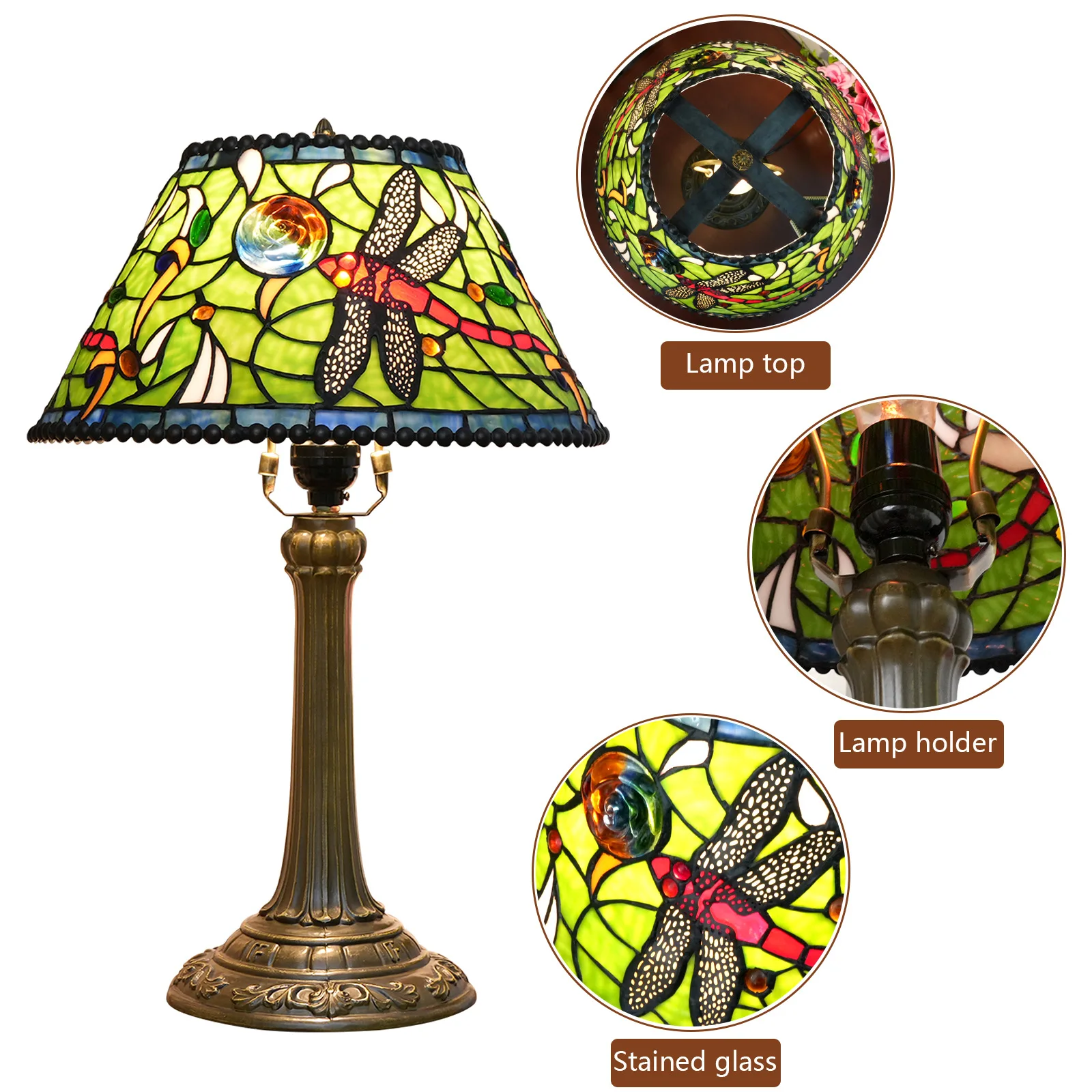 12 Inches Lampshade Stained Glass American Dragonfly Flower Vintage Bronze Flush Mount Tiffany Table Lamp 3