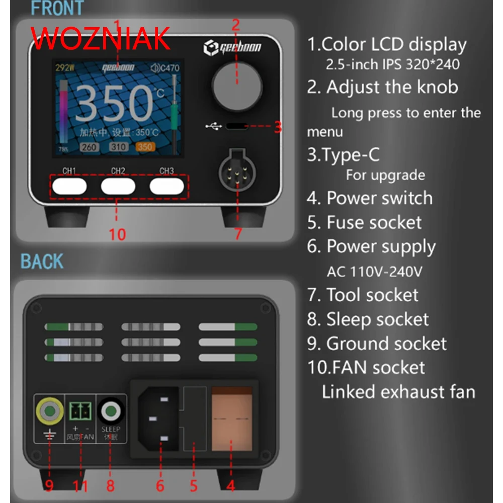 지보온 HC24 400W 헤비듀티 납땜 스테이션 115/210/245/470/T12 납땜 팁 호환 컬러 커브 디스플레이 수리