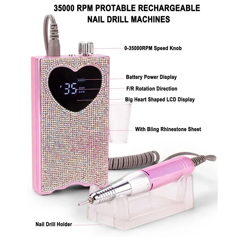 35000RPM Rechargeable Nail Drill Machine & 96W Hybird Nail LED UV Lamp with Diamonds Heart-Shaped Design for Manicure Pedicure 2