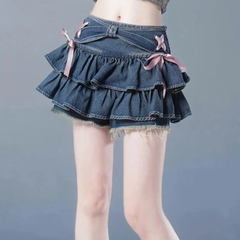 

Mini Denim Skirts Women Hot Girls Sweet Kawaii Bow Vintage Y2k Clothes Streetwear Sexy Summer A-Line Gothic Design Culottes Tide