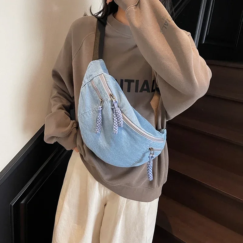 대용량 스토리지 허리 가방 여성용 패브릭 패니 팩 빅 블렛 백 다기능 데님 가슴 가방 바나나 허리 팩