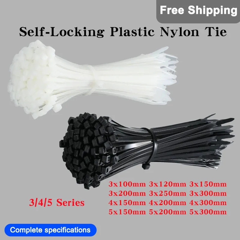 1000PCS/Pack Self-Locking Plastic Nylon Tie Fastening Ring Loop Wire Wrap Cable Tie Zip Wraps Strap White/Black 3x100mm