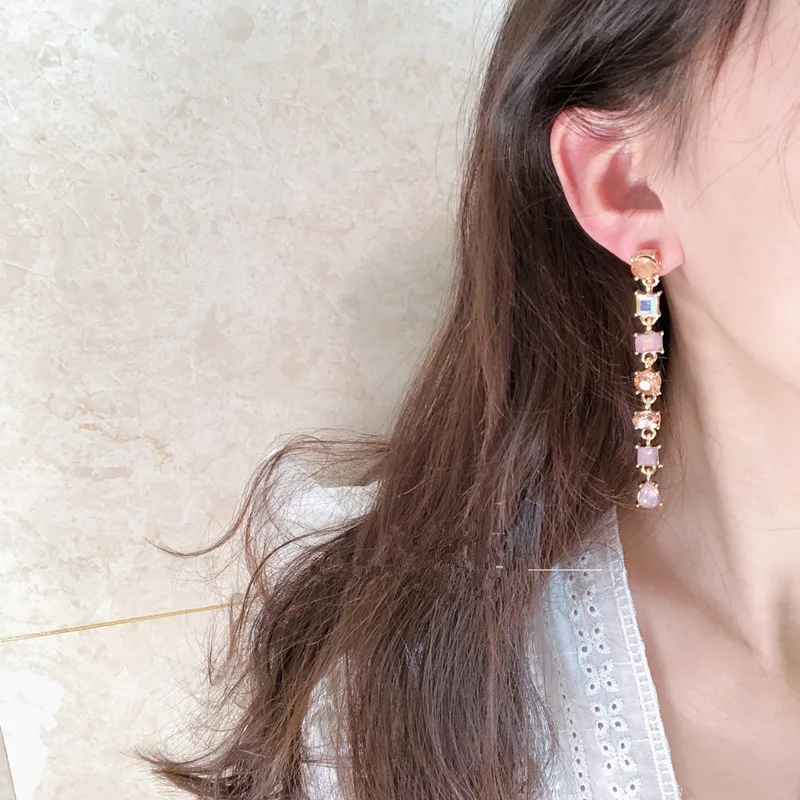 Dangle Earrings Drop Earrings Crystal Tassel Earrings Crystal Earrings Geometric Earrings Korean Fashion Pink Crystal Square Tassel Drop Earrings For Women Girls Jewelry Gifts