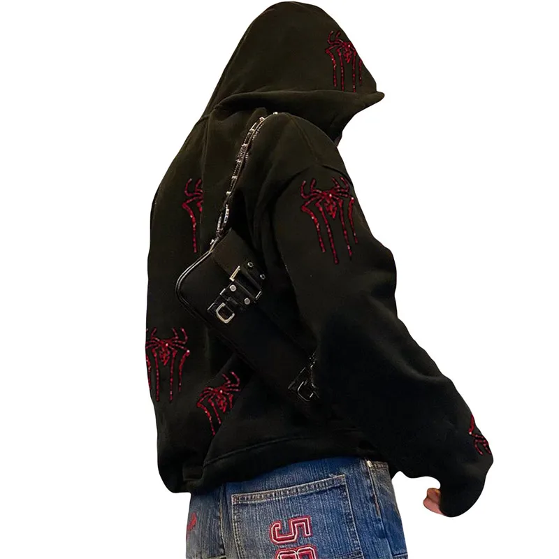 

2022 Men Korean Fashion Vintage Y2K Zip Hoodie Red Rhinestones Spider Print Sweatshirts Hoodies Harajuku Gothic Jackets Clothes