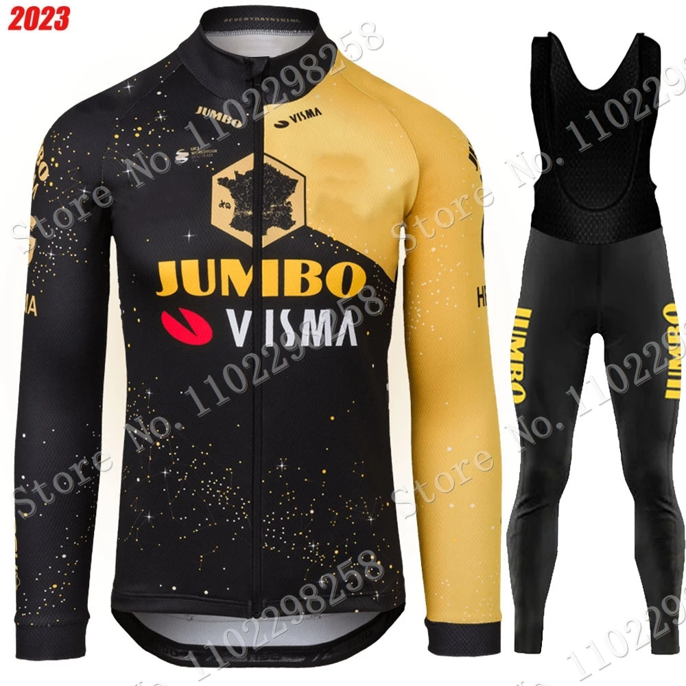 Jumbo Visma Team Cycling Jersey 2023 Set Tdf Manica Lunga Abbigliamento Suit Mens Manica Lunga Mtb Bike Road Pants Bavaglino Maillot Ropa