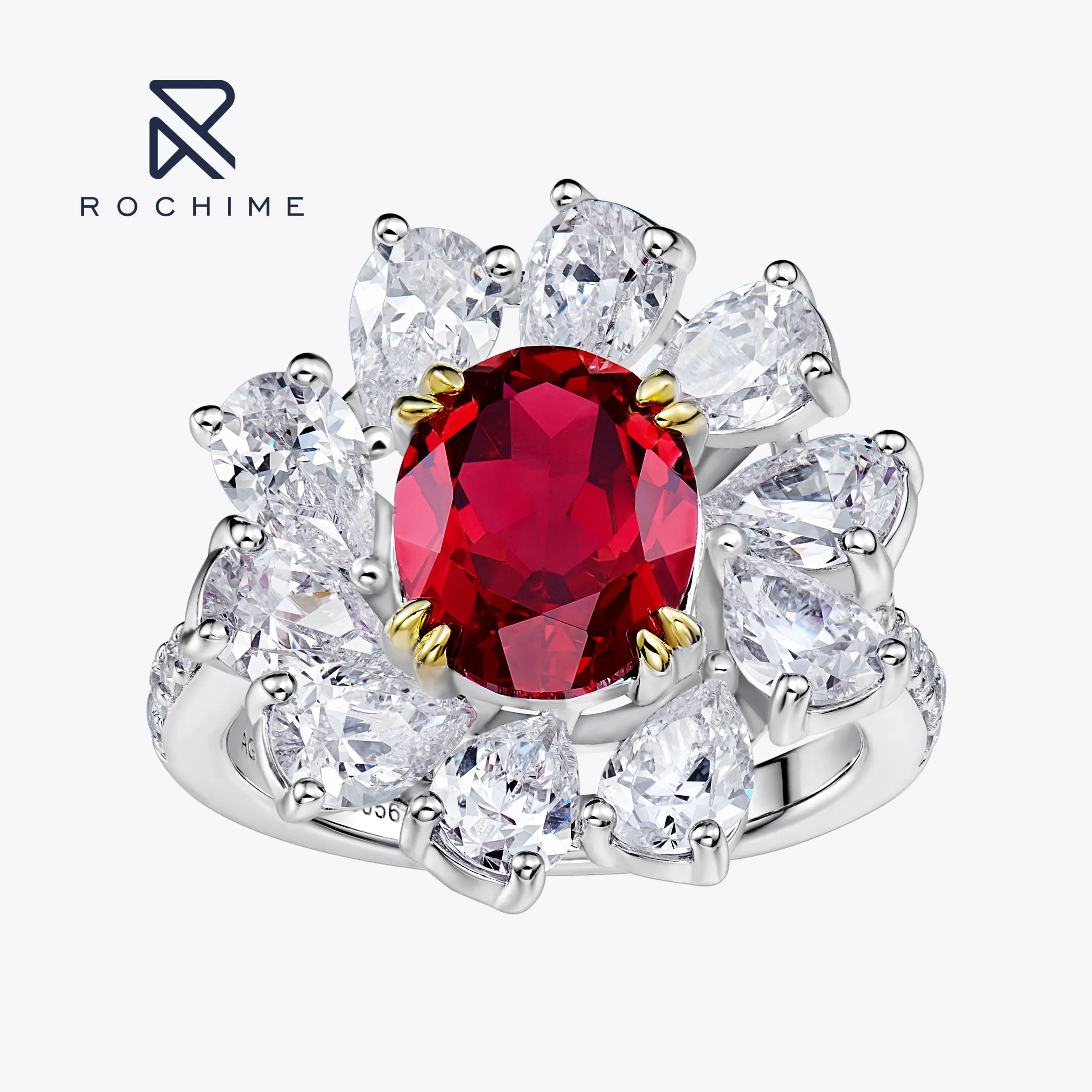 

Rochime Flower Cluster Oval Cut Synthetic Ruby With 5a Zircon Side Stones 925 Sterling Silver Gold Plated Luxury Jewelry